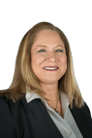 portrait of a woman with blonde hair and a suit