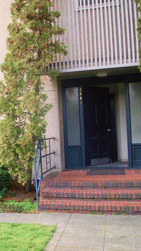 A house with a black door and a red brick step.