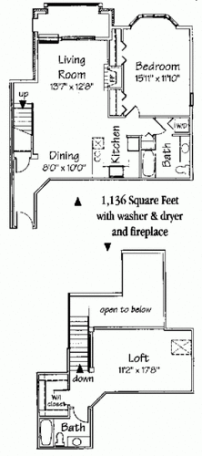Floor Plan  2 bedroom 2 bath corner loft w/fireplace