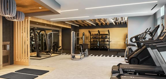 a gym with cardio equipment and weights on the floor and a wall with wood panels