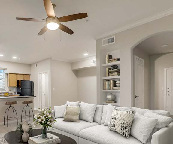 a living room with a couch and a coffee table  at The Vista on Brodie, Austin, TX, 78745