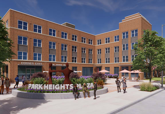 A rendering of a building with the words "Park Heights Plaza" on a sign in front of it.
