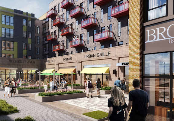 A street view of a modern urban grille with people walking around.
