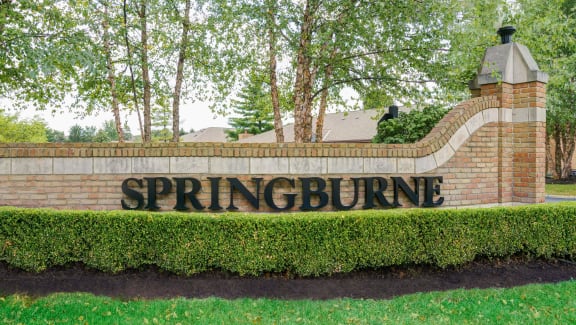 Brick welcome sign, at Springburne at Polaris Apartments in Columbus, Ohio 43235