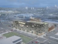 a rendering of a building on a city street