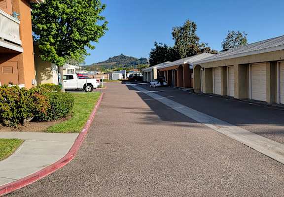 a view of the mountain from the street in front of the units
