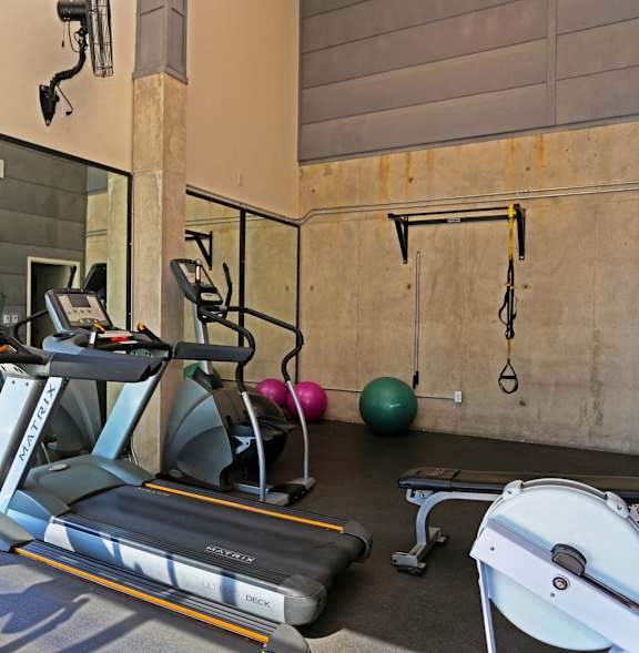 a gym with cardio equipment and weights in a hotel gym
