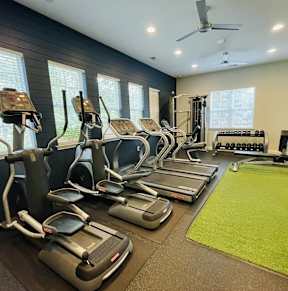 A row of treadmills and elliptical machines in a gym.