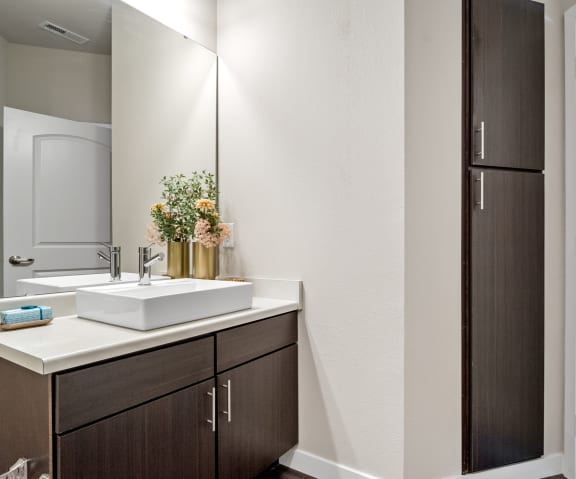 a bathroom with dark cabinets and a white sink  at Aventura at Wentzville, Wentzville, MO, 63385