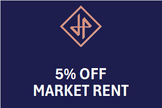 A black background with white text stating "5% OFF MARKET RATE" and a white diamond shape above the text.