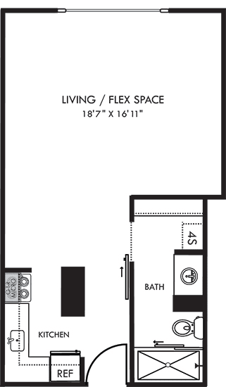 The Belvidere studio apartment floorplan, with l shaped kitchen that leads into the dining-living-flex space. 1 Bath with sliding barn door, standalone shower, linen and closet space.