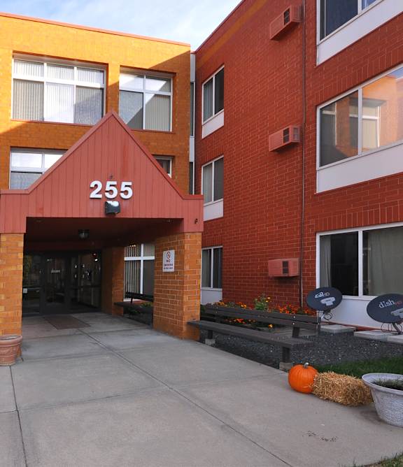 A red brick building with the number 255 on the front.