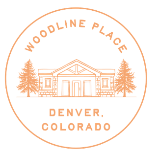 A stamp-like image with a house and trees and the words "Woodline Place Denver, Colorado" on it.