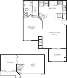 A3 770 Sq.Ft. Floor Plan at The Grove at White Oak Apartments, The Barvin Group, Houston, TX, 77008