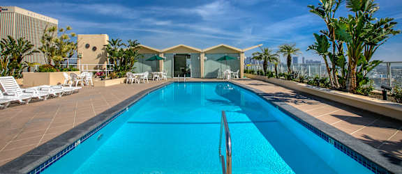 A large swimming pool in a sunny backyard.