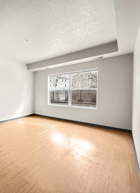 A room with a carpeted floor and two wooden doors.
