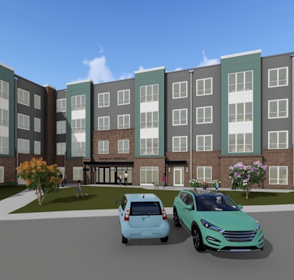 A rendering of a street with cars and apartment buildings.