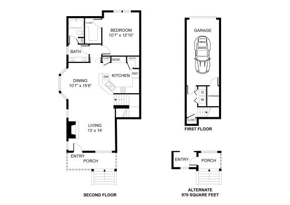 One bedroom, one bathroom, walk in closet, laundry room, hvac room, pantry, living room, kitchen THE ST. JOHNS floor plan, 926 square feet.