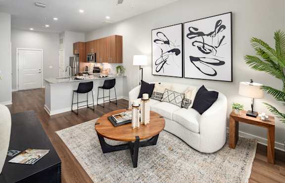 a living room with a couch and a table