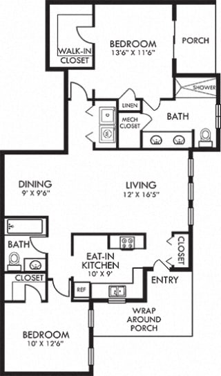 Glenwood. 2 bedroom apartment. Kitchen closed off. 2 full bathrooms, double vanity in master. Walk-in closets in both bedrooms. Patio/balcony.