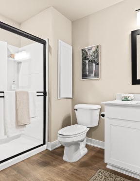 a bathroom with a sink toilet and a shower
