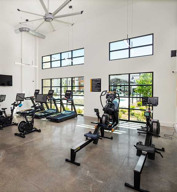 A gym with exercise bikes and treadmills.