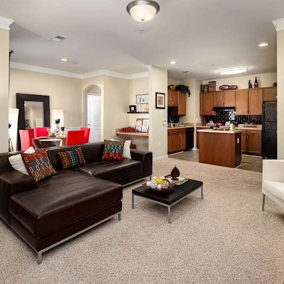 a living room with a leather couch and a coffee table