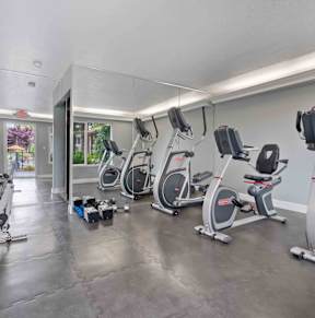 Apartments For Rent In Santa Clara, CA - Hidden Lake - Fitness Center Equipped With Cardio Machines, Dumbells, And Full-Body Mirror