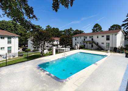 the swimming pool at 1861 muleshoe road with apartment buildings in the background