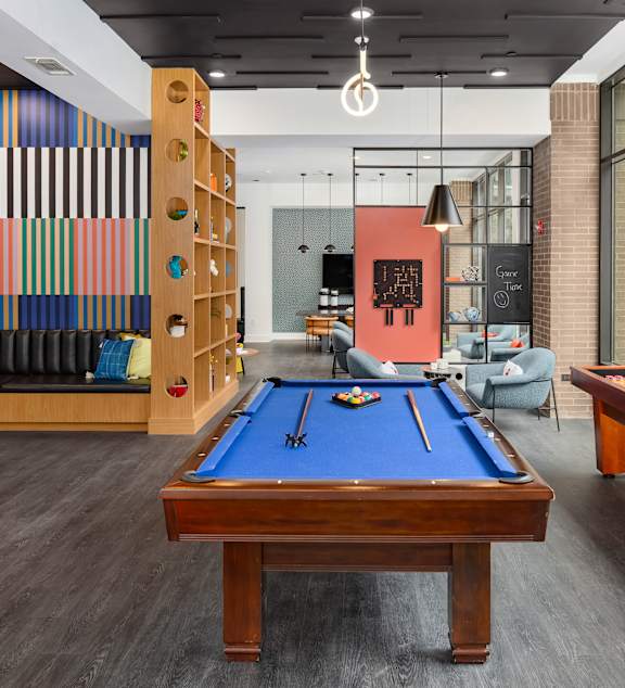 a game room with a pool table and a billiard table