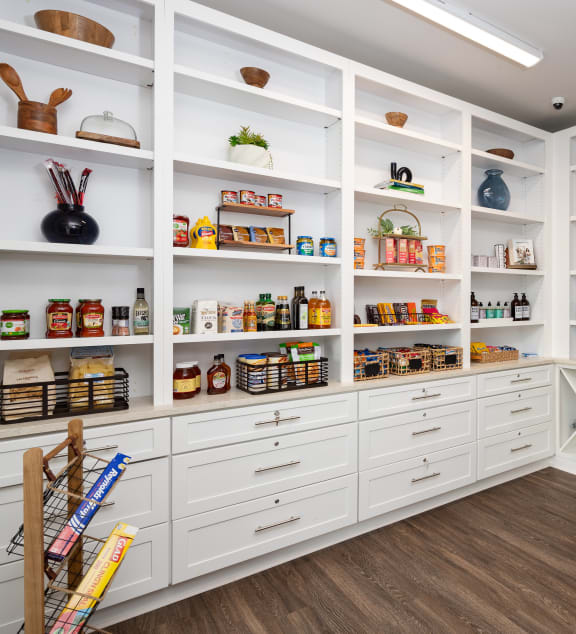 a large white pantry with shelves and drawers