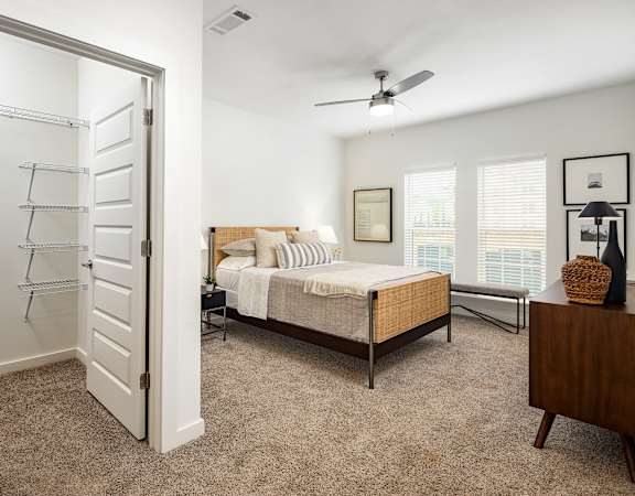 a bedroom with a bed and a closet