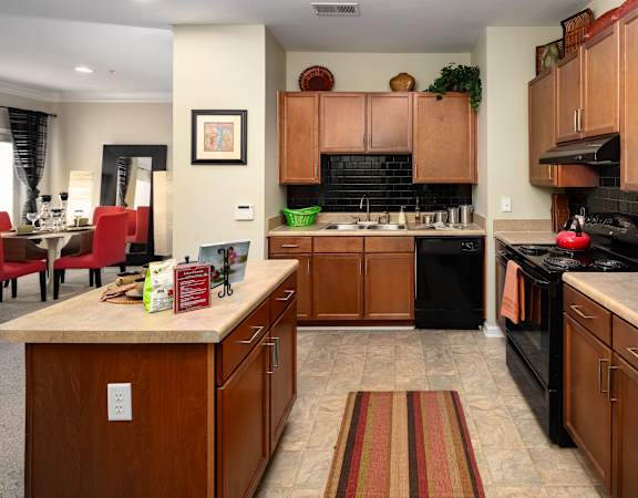 A kitchen with black appliances and wooden cabinets.