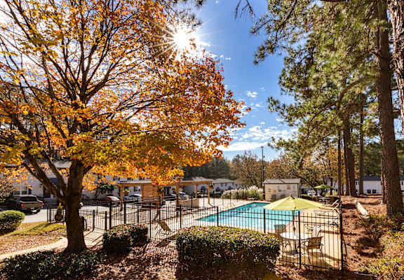 the view of a swimming pool with trees and a fence