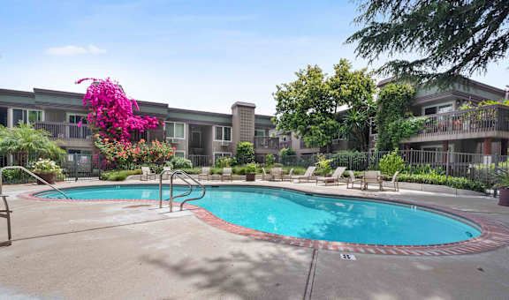 Santa Clara, CA Apartments - Hidden Lake - Swimming Pool With Lounge Chairs Surrounded By Lots Of Greenery And Flowers