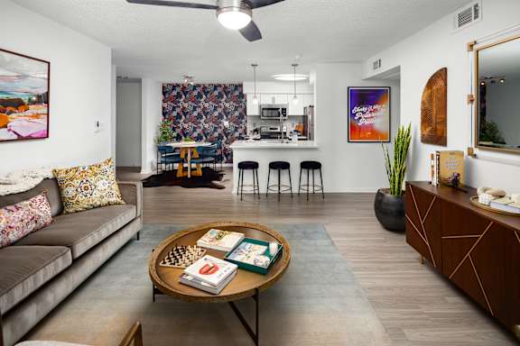 a living room with a couch and a table