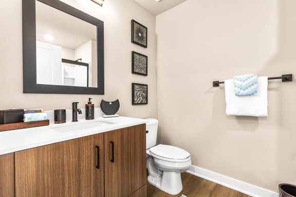 a bathroom with a white sink and toilet and a wooden cabinet with a mirror above it