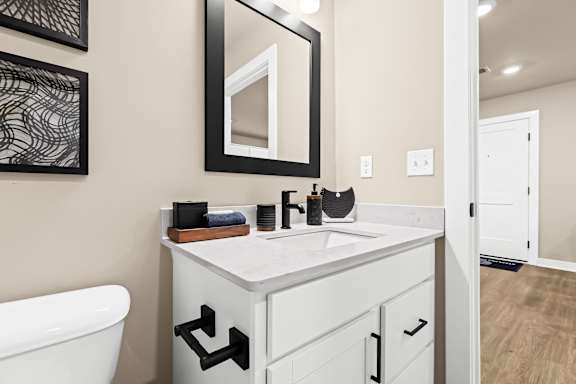 a bathroom with a sink and a mirror and a toilet