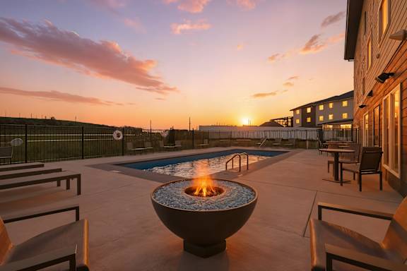 A fire pit sits in the middle of a patio with chairs around it.