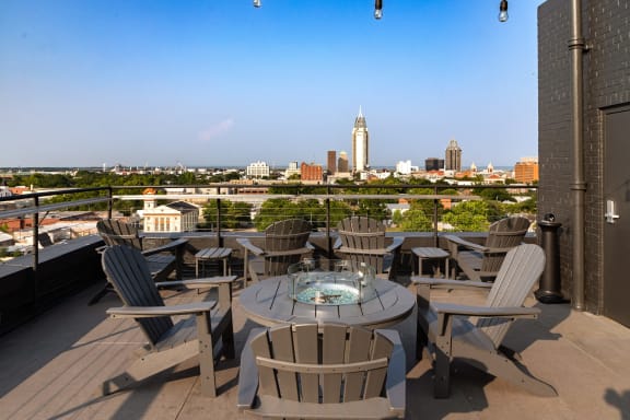 a rooftop patio with tables and chairs and a view of the city