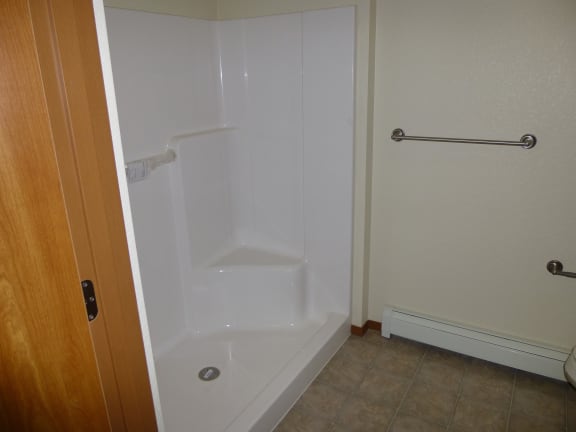 Bathroom showing walk in shower with seat and grab bars.