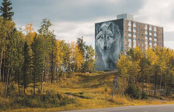 A large building with a wolf image on the side.