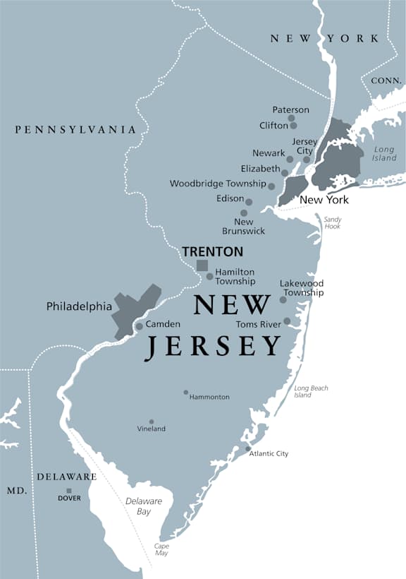 A map of New Jersey and its surrounding areas.