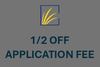 A black background with a green triangle and white text that reads "1/2 OFF APPLICATION FEE".