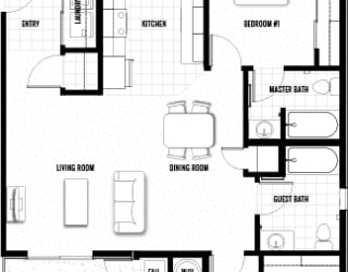 Floor Plan 2 bed 2 bath 911 sf