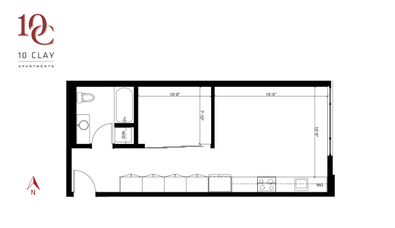 Open One Bedroom One Bath Floor Plan at 10 Clay Apartments, Seattle, WA, 98121