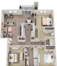 GoGo West Apartments 3 Bed 2 Bath 3D Floor Plan