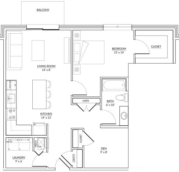 Hartman Style F - 1 bed, 1 bath &#x2B; den apartment floor plan
