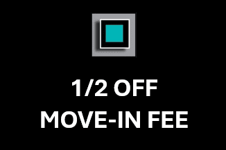 A black background with a blue square and text that reads "1/2 OFF MOVE-IN FEE".