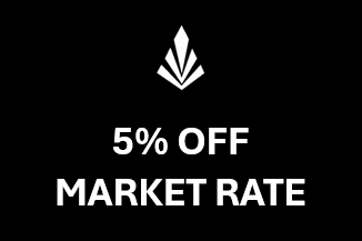 A black background with white text stating "5% OFF MARKET RATE" and a white diamond shape above the text.